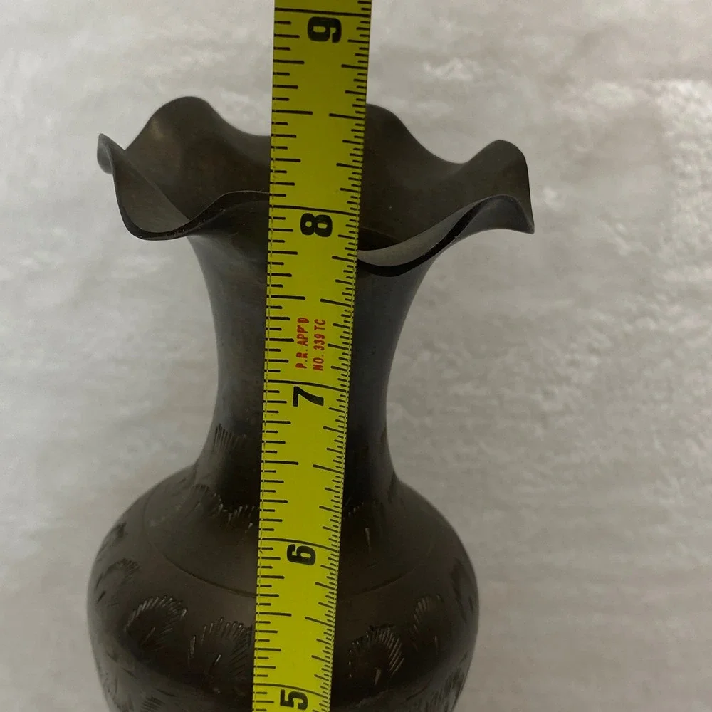 Vintage Brass Vase Etched Floral Design Ornate‎ Trumpet Neck Pedestal Base Decor
